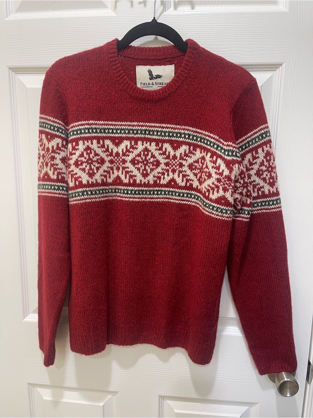Field & Stream Men’s Red Fair Isle Crewneck Sweater with White Pattern